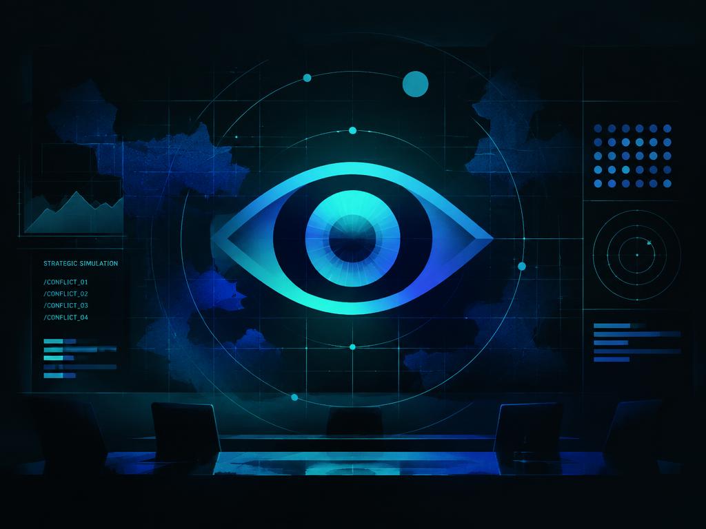 Ilustração abstrata de um olho luminoso sobre uma grelha de dados — universo do jogo Navalok Eye