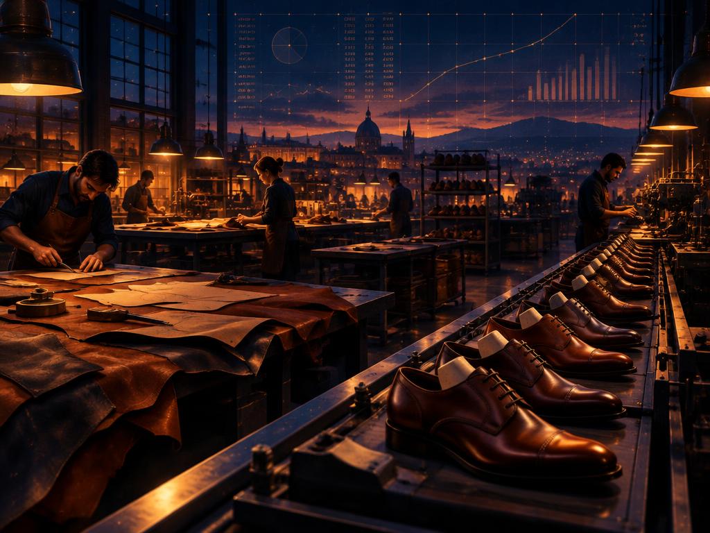 Oficina de calçado ao entardecer com sapatos de couro em produção e gráficos de custos ao fundo — universo do jogo Sierra Shoes